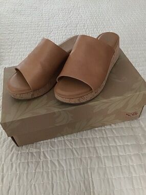 Sofft Tan Leather Cork Platform Slide Sandals